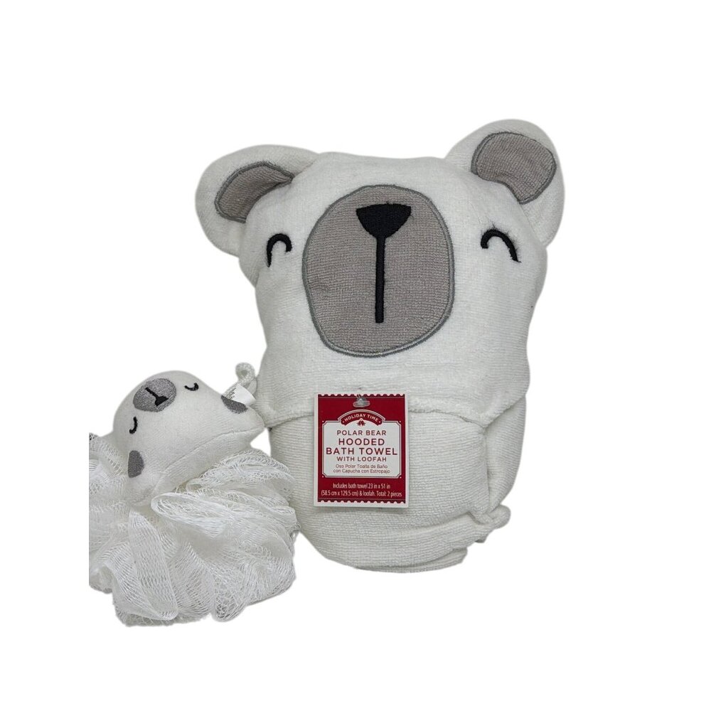 NWT Holiday Time Polar Bear Hooded Bath Towel & Loofah Set 2-Pc 23x51 Gift White